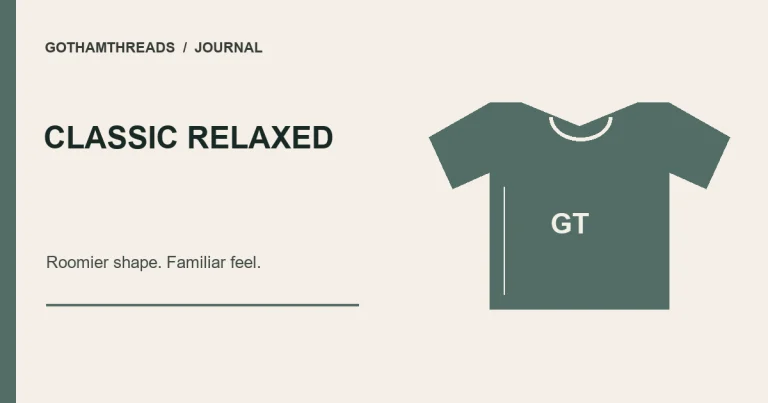 Wide green T-shirt illustration with Classic Relaxed, Roomier shape, Familiar feel text.