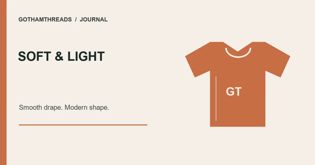 Orange T-shirt illustration with Soft & Light, Smooth drape, Modern shape text.